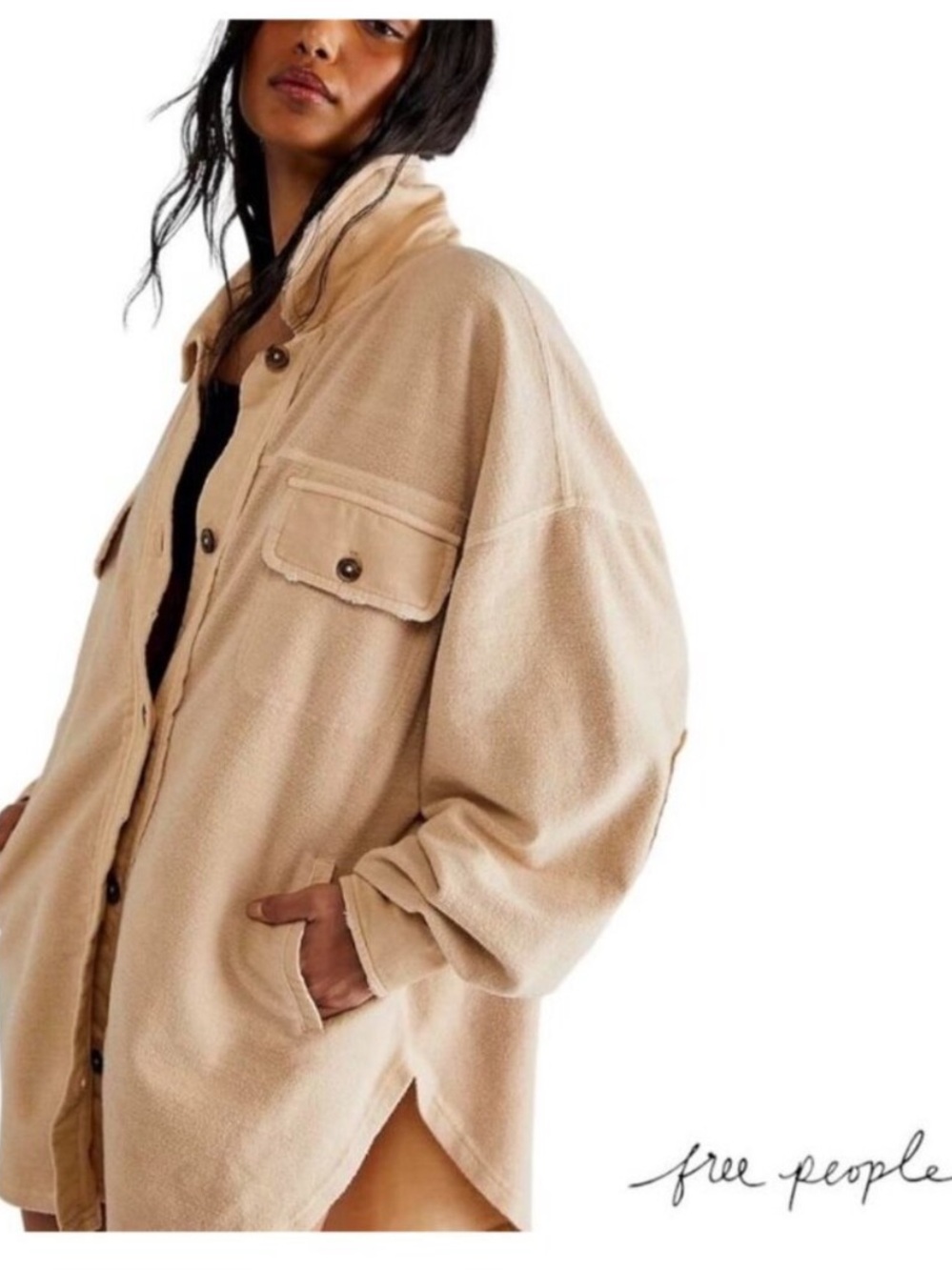 Free People Neutral Beige Cozy Oversized Distressed Ruby Shirt Jacket